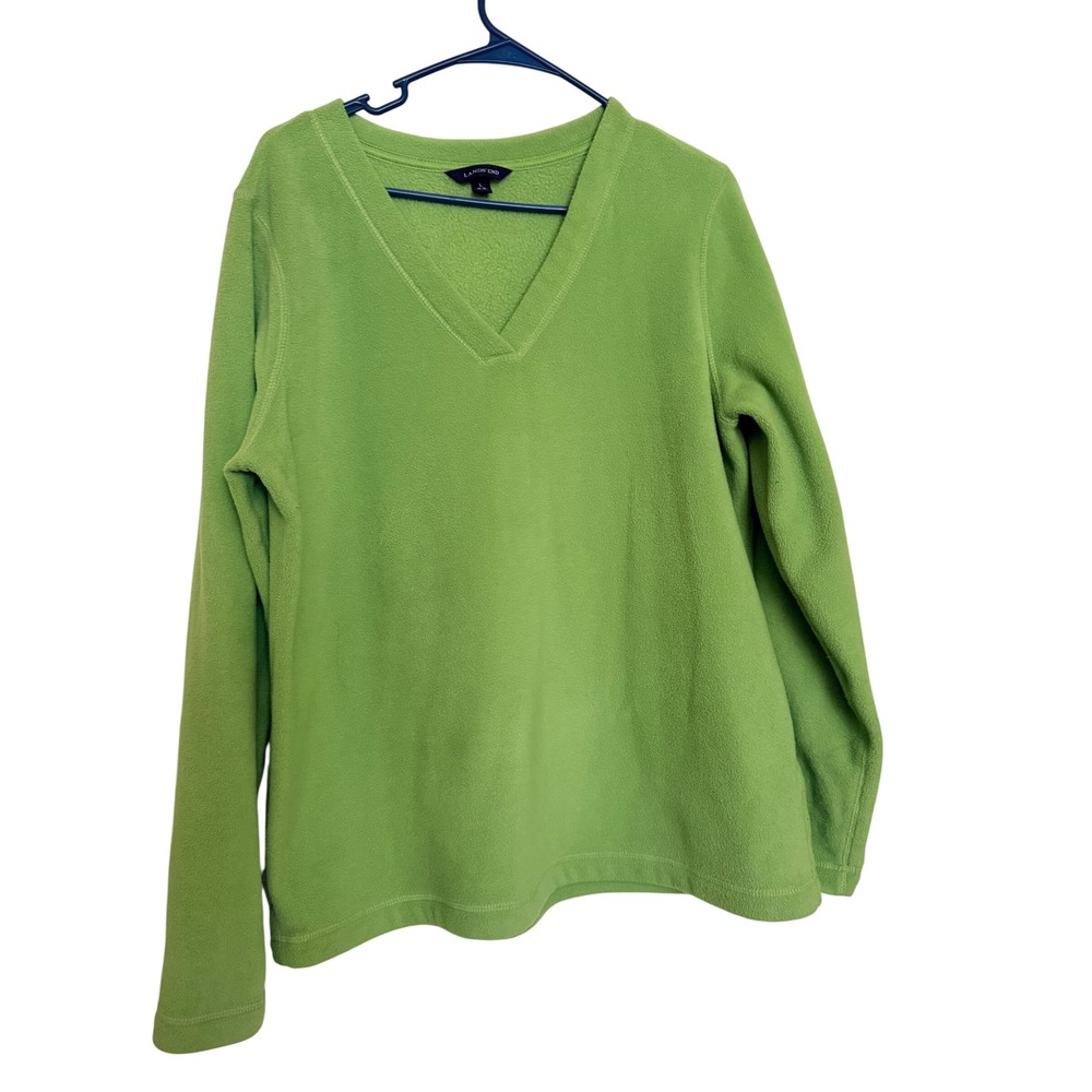 Lands End Womens Fleece Pullover Green V-Neck Long Sleeve Top 14-16